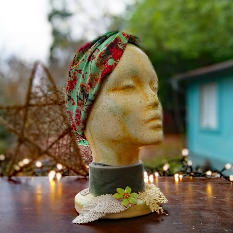 Green floral head wrap