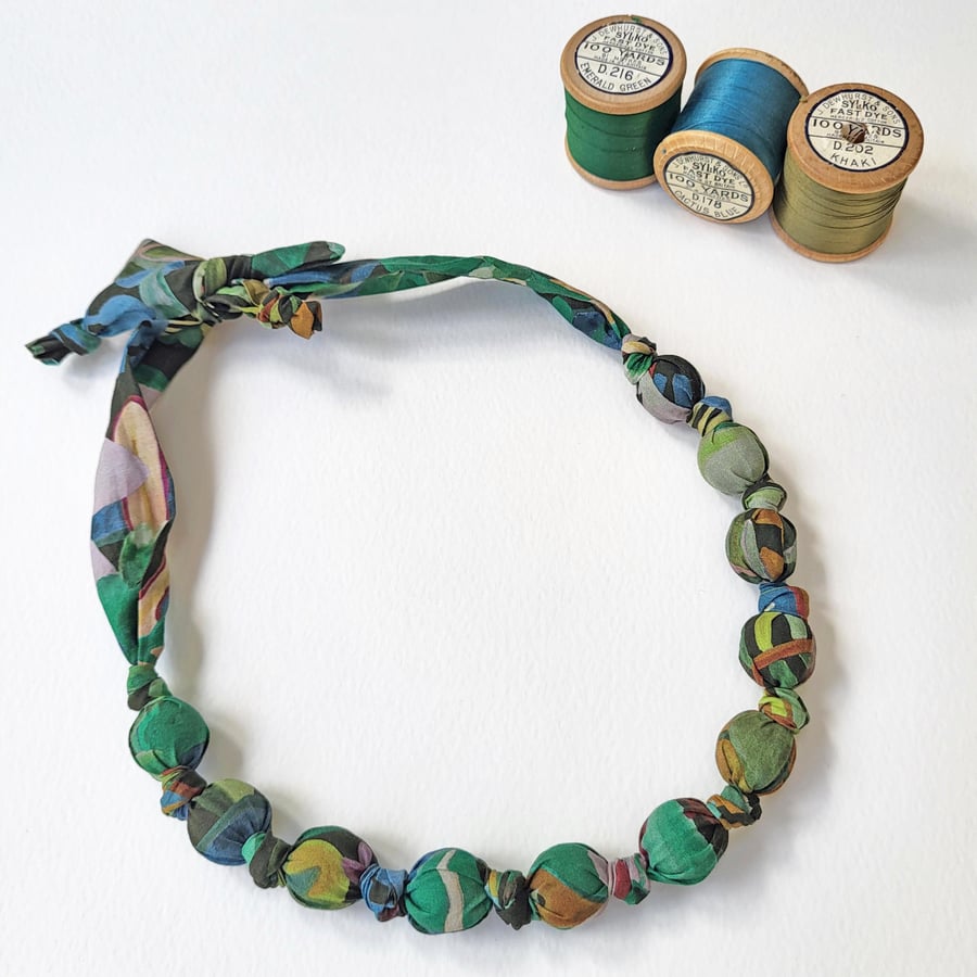 Green, Brown & Blue Liberty Print Fabric Necklace - Jungle Trip