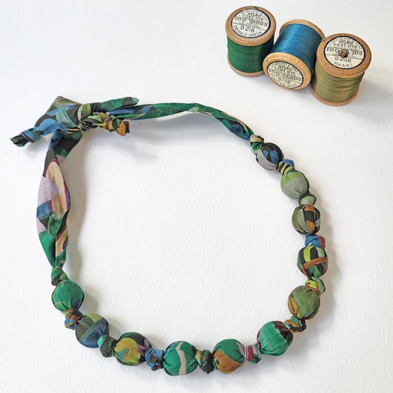 Green, Brown & Blue Liberty Print Fabric Necklace - Jungle Trip