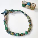 Green, Brown & Blue Liberty Print Fabric Necklace - Jungle Trip