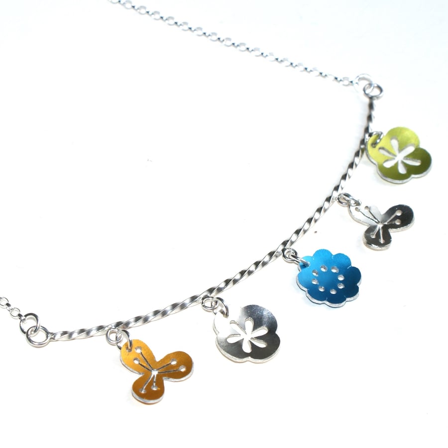 Retro flower silver bar necklace - lime, blue, yellow
