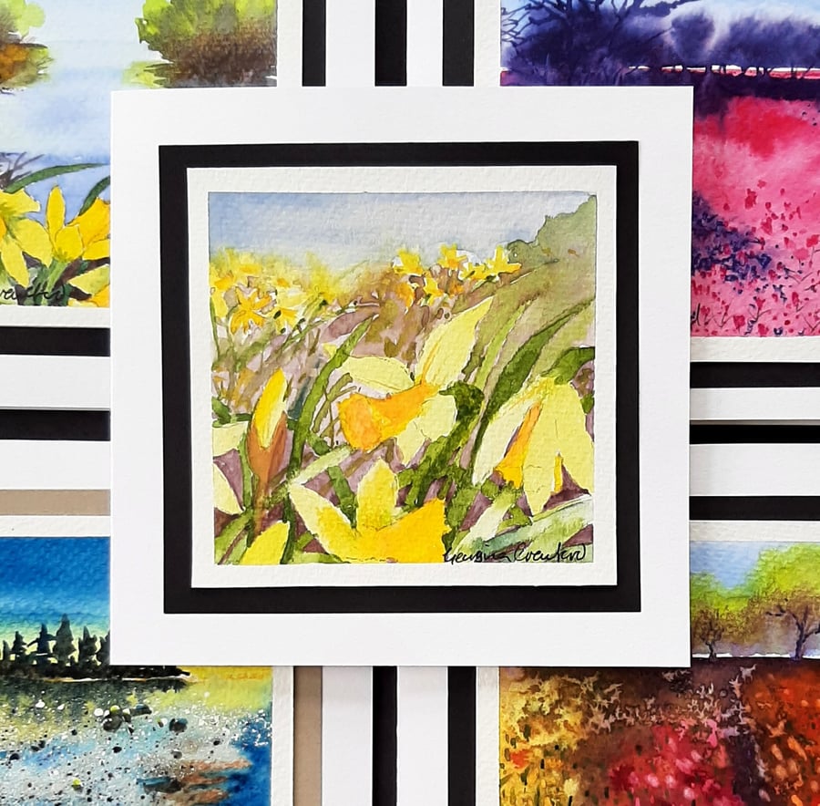 Floral Card. Blank Inside. Handpainted Daffodils Original Notelet. 