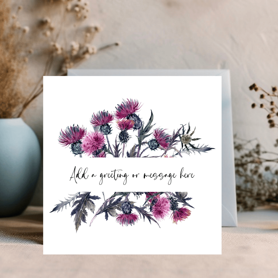 Watercolour Thistle Greetings Card can be personalised for any occasion 