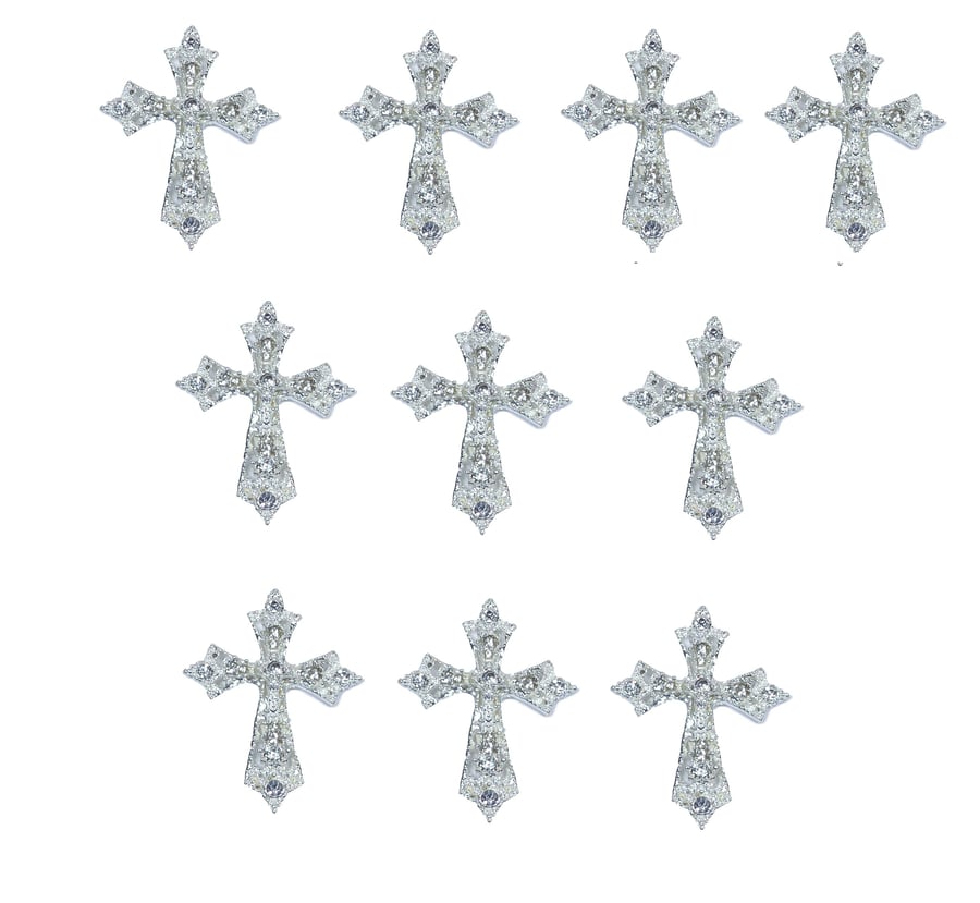 10pcs Silver Diamante Rhinestone Cross Embellishments Flat Back with Sparkly Gra
