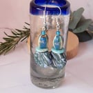 Handmade Forest Green, Silver and Metallic Blue Dangly Disc Earrings