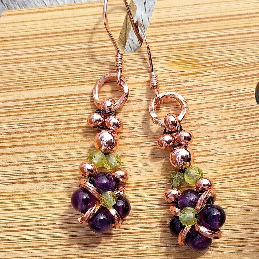 Amethyst & Peridot Rose Gold Drop Earrings, Rosegold Purple Gemstone Earrings,