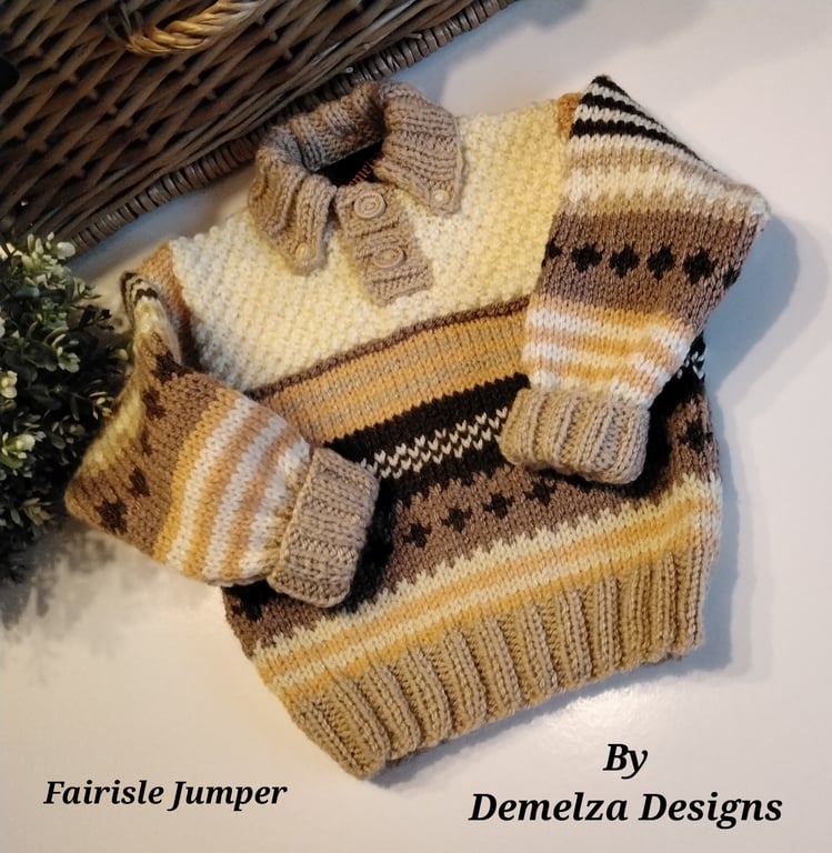 Designer Hand Knitted Baby Boy's Traditional Fairisle Jumper  9-18 months 