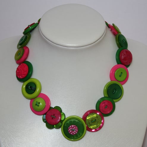 Lime, hot pink and green button necklace FREE UK SHIPPING