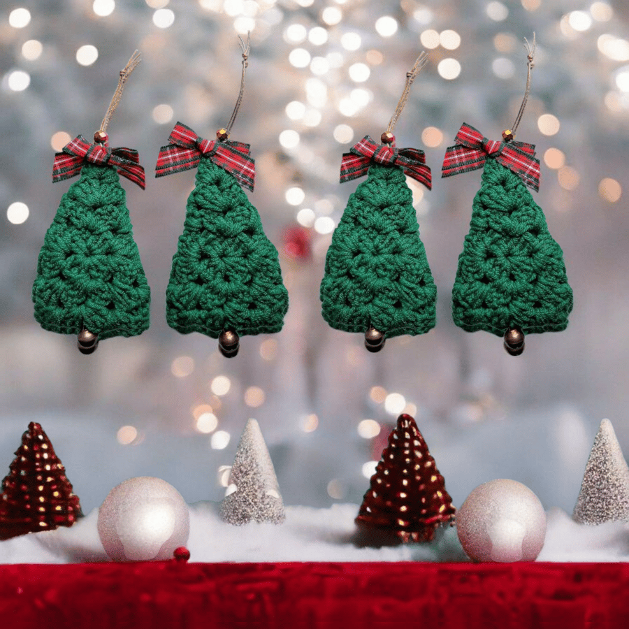 Handmade crochet tartan Christmas tree decorations, set of 4