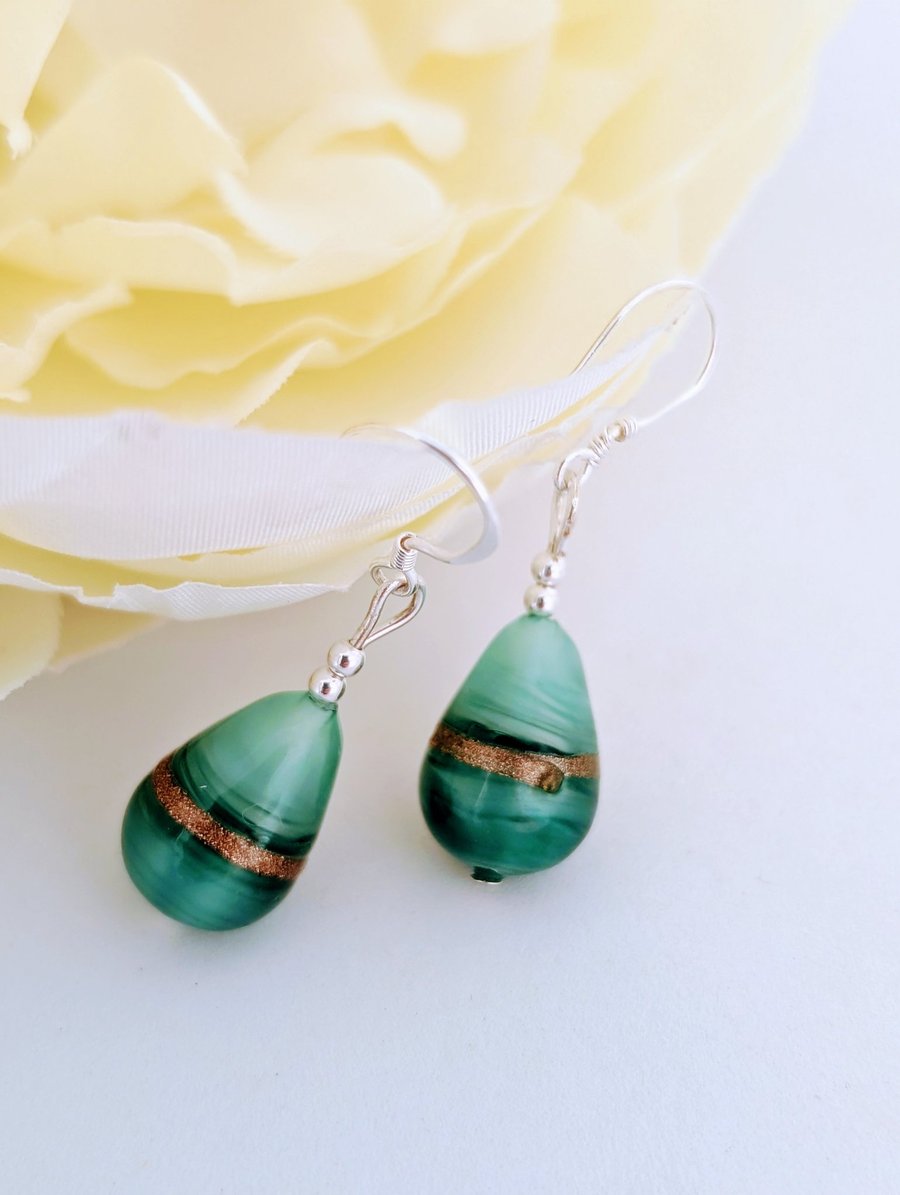 Aventurine Murano Glass Drop Earrings: Sterling Silver Ear Wires
