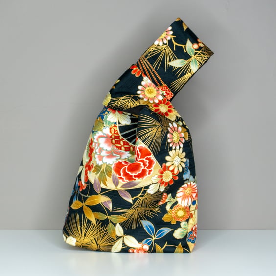 Reversible Japanese Knot Bag - Floral Fan Japanese Print - Black Duchess Satin