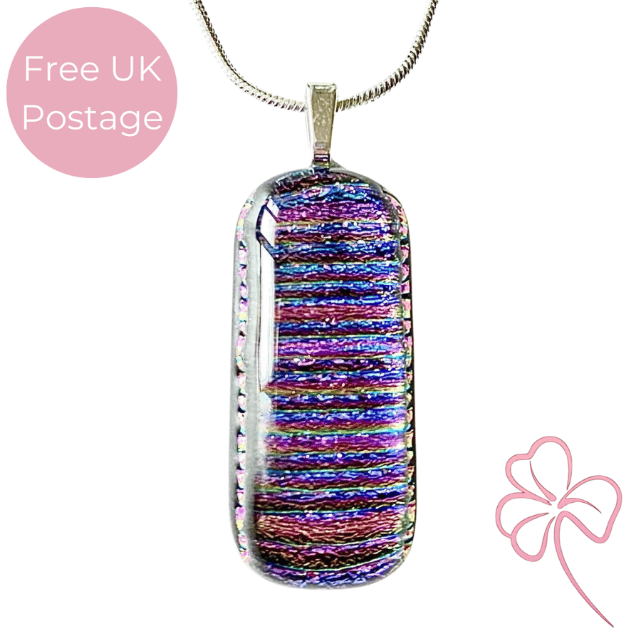Long Dichroic Stripe Pattern Glass Pendant Necklace 