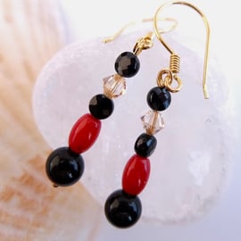 Red Bamboo Coral, Spinel, Swarovski & Obsidian Earrings, Handmade In Devon.