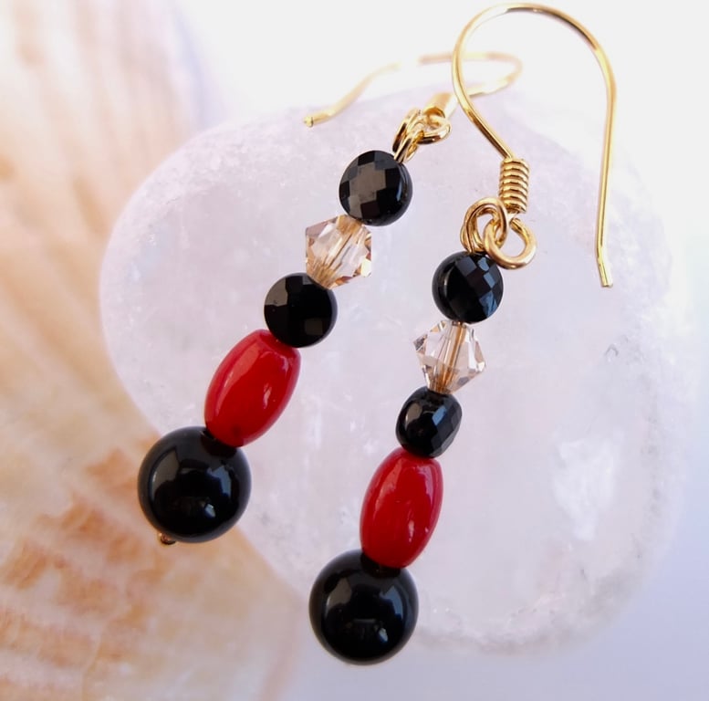 Red Bamboo Coral, Spinel, Swarovski & Obsidian Earrings, Handmade In Devon.
