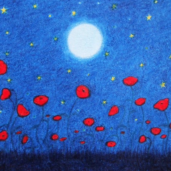 Poppy Card, Red Poppies Moon Stars Card, Sympathy Card, Spiritual Art, Flowers