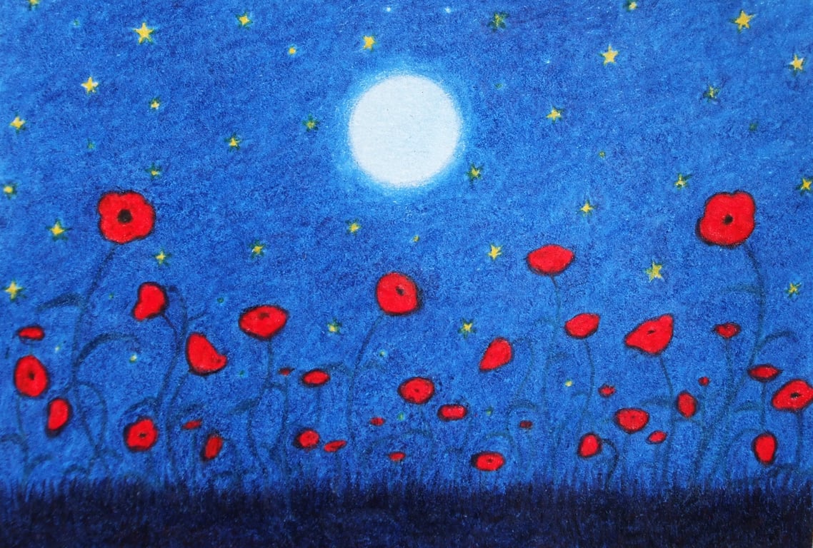 Poppy Card, Red Poppies Moon Stars Card, Sympathy Card, Spiritual Art, Flowers