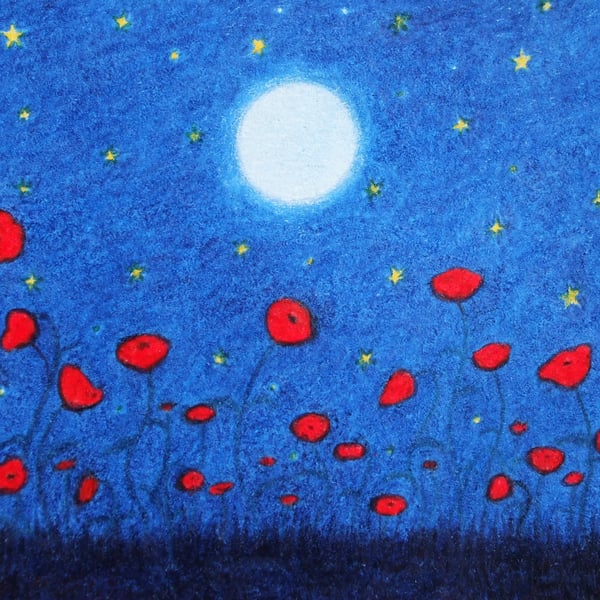 Poppy Card, Red Poppies Moon Stars Card, Sympathy Card, Spiritual Poppy Art Card