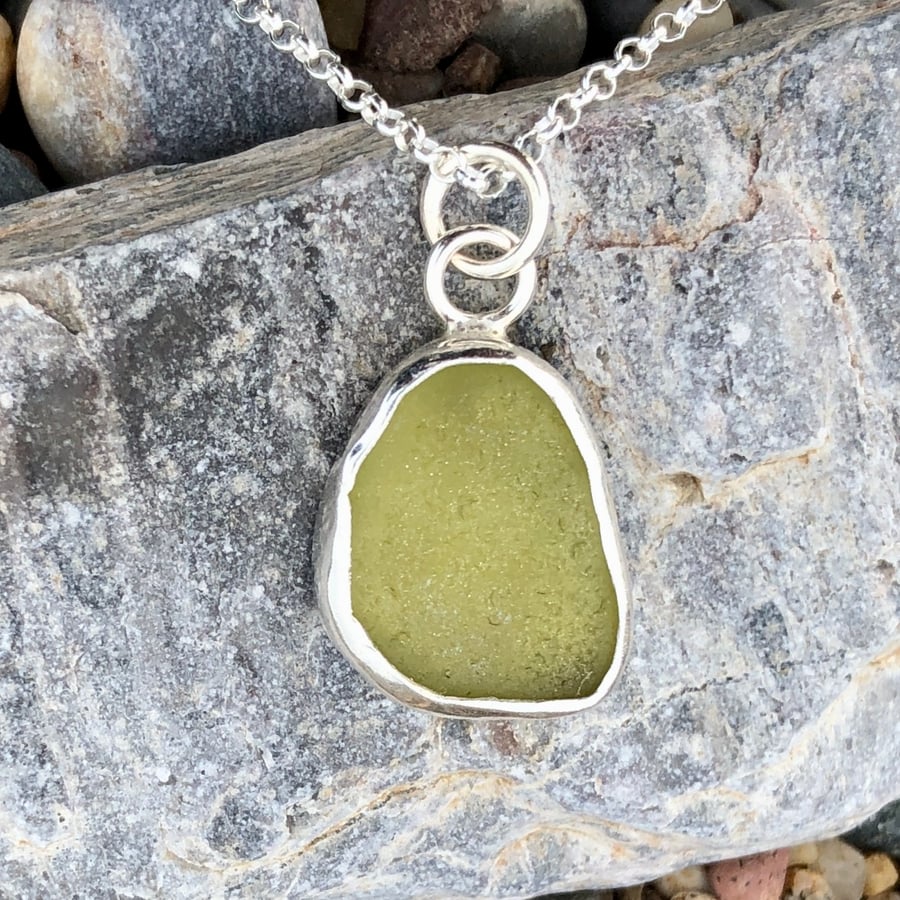 Stunning Olive Yellow Sea Glass and Sterling Silver Pendant Necklace - 1203