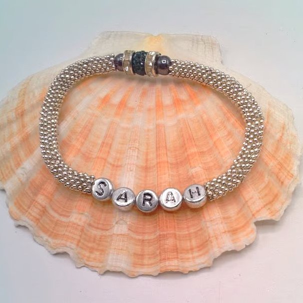 Pave and Haematite Bead Snowflake Bracelet With Name & Birthstone, Gift for Her