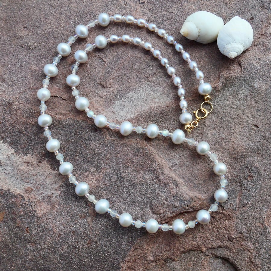 Grey Pearl and Faceted Labradorite Necklace with a 14k Gold Filled Trigger Clasp