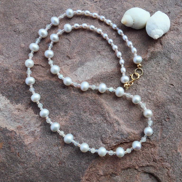 Grey Pearl and Faceted Labradorite Necklace with a 14k Gold Filled Trigger Clasp