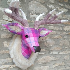 Handmade faux taxidermy stag Harris tweed pink & purple deer head wall mount