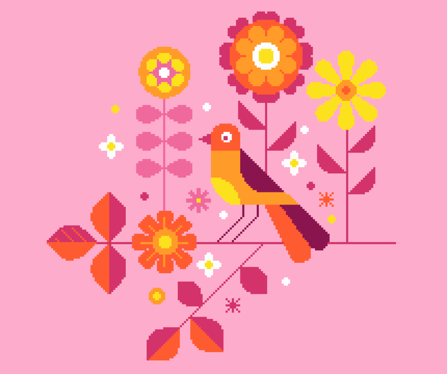 168 Cross stitch pattern Pink neon geometric linear flowers and bird on branch