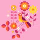 168 Cross stitch pattern Pink neon geometric linear flowers and bird on branch