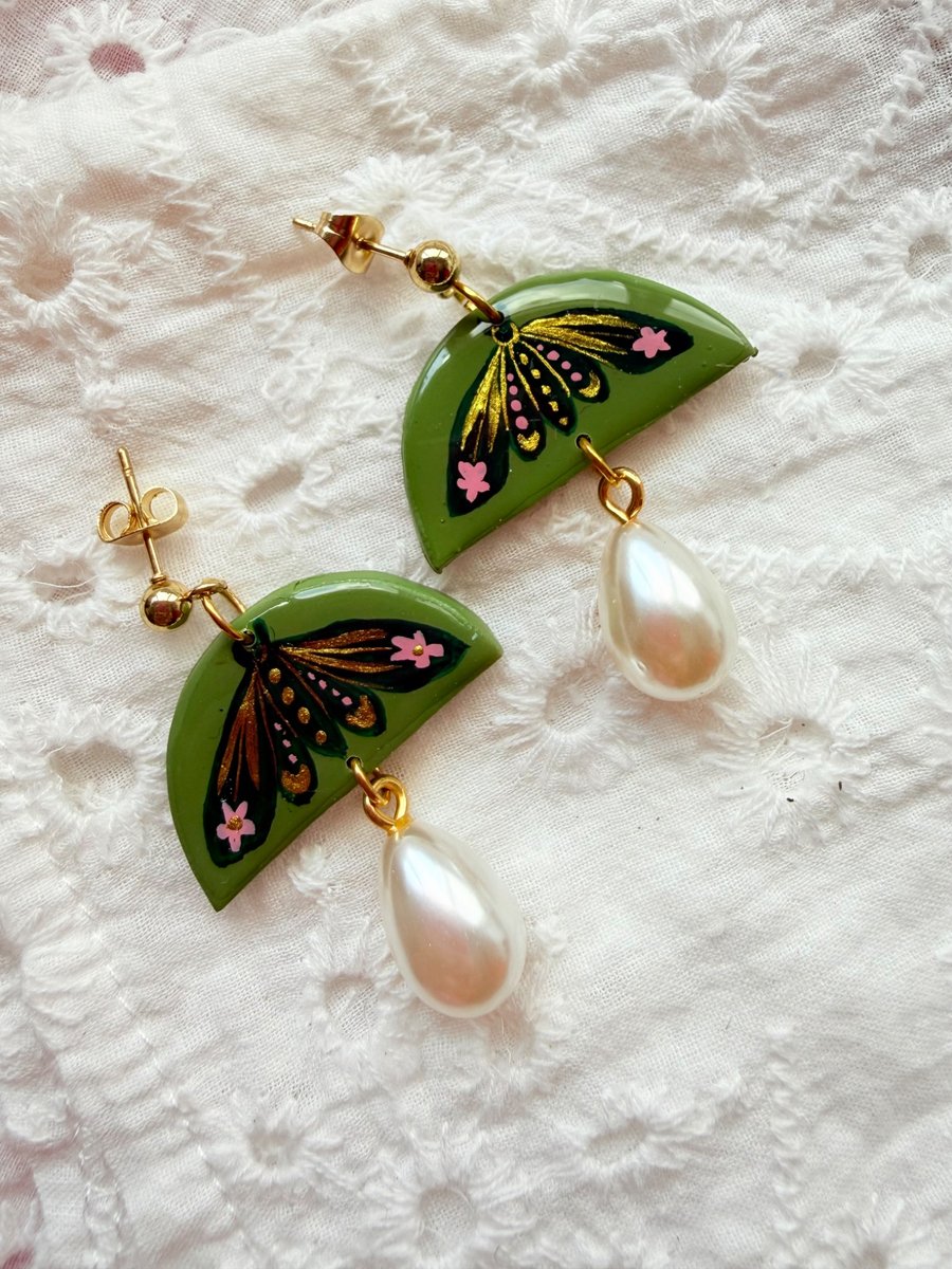 Olive Green Luna Moth Pearl Earrings 