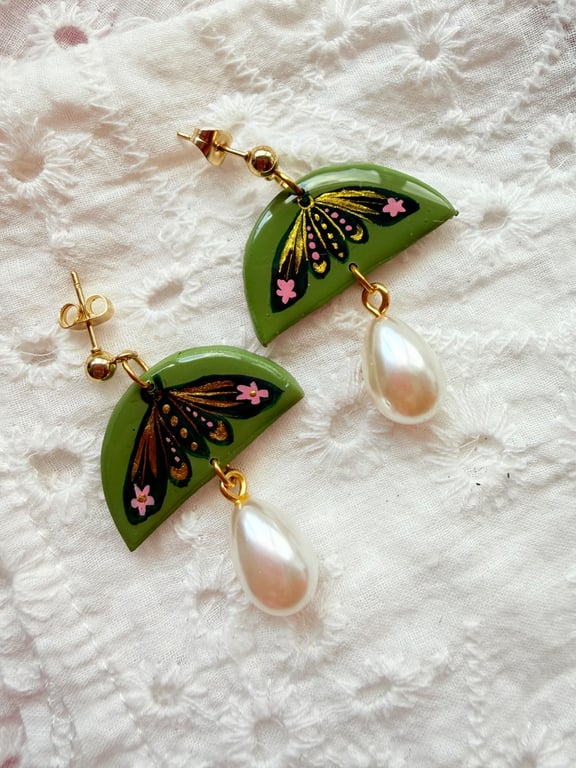 Olive Green Luna Moth Pearl Earrings 