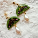 Olive Green Luna Moth Pearl Earrings 