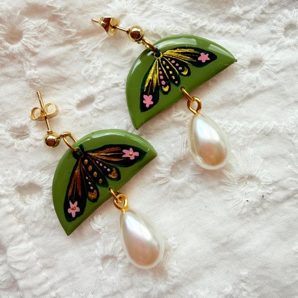 Olive Green Luna Moth Pearl Earrings 