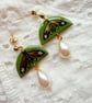 Olive Green Luna Moth Pearl Earrings 