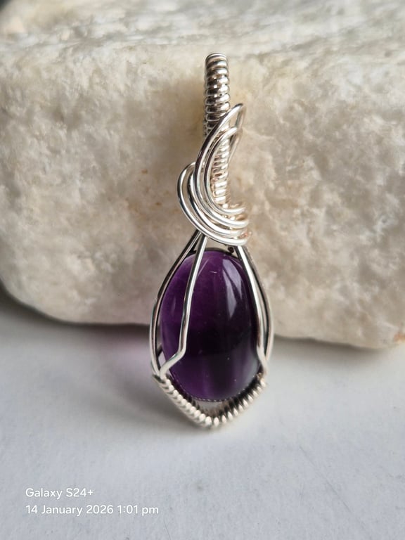 Amethyst hand wire wrapped, pendant necklace 
