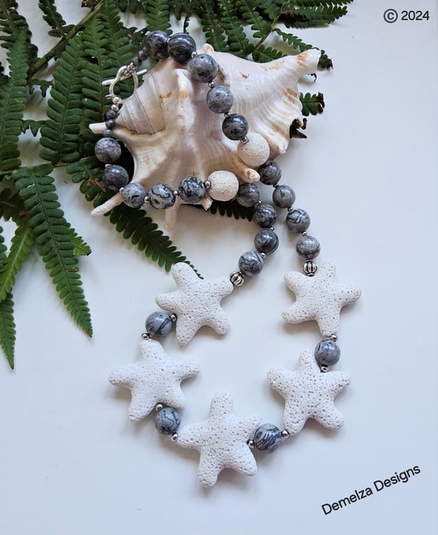 Lava Rock -Lava Stone & Grey Picture Jasper Necklace. ONE OFF