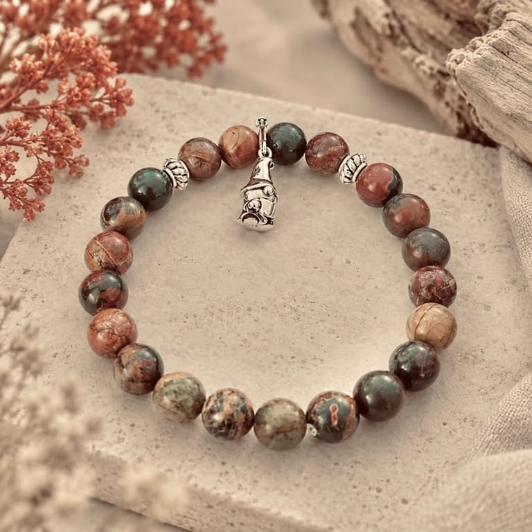 Woodland Wanderer- Picasso Jasper Sterling Silver Coffee Gnome Bracelet