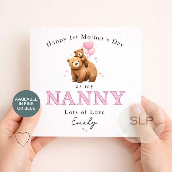 Personalised Nanny Mother's Day Card Cute Bear Grandma Card Pink or Blue