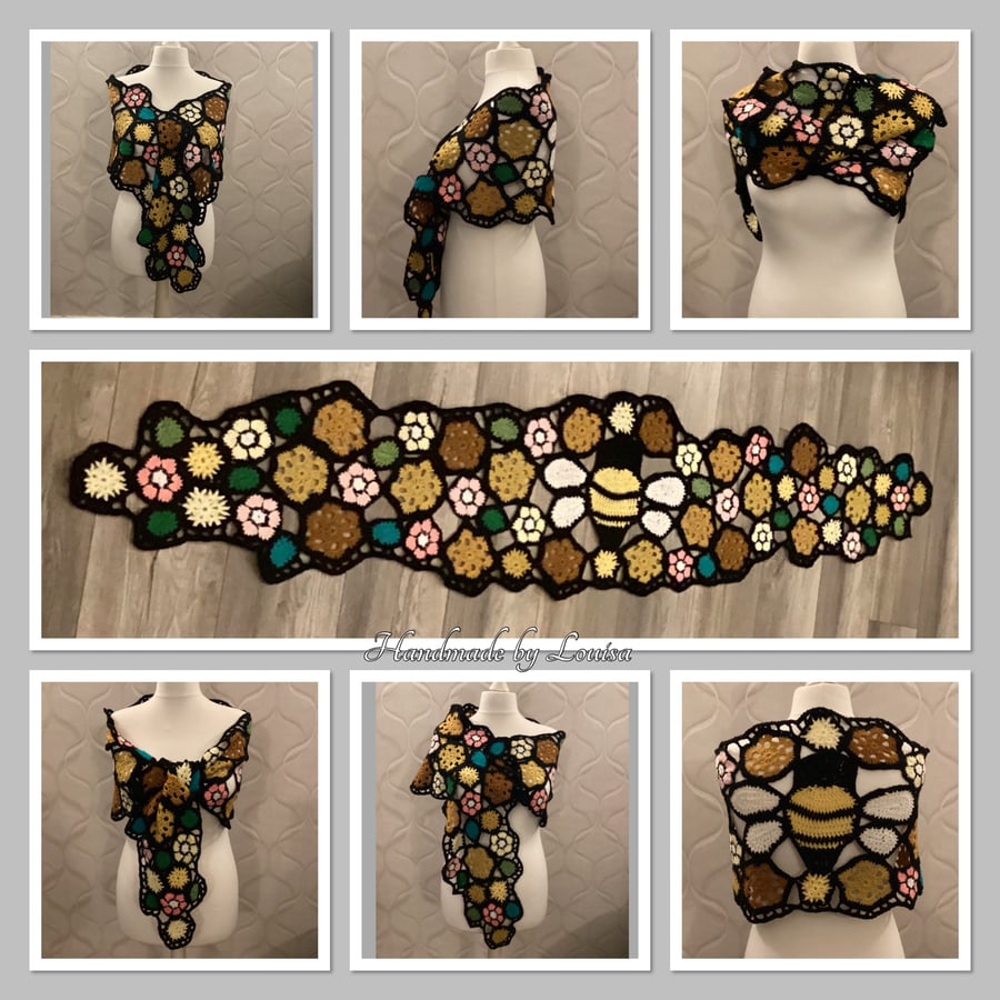Stained glass crocheted bee shawl or scarf 