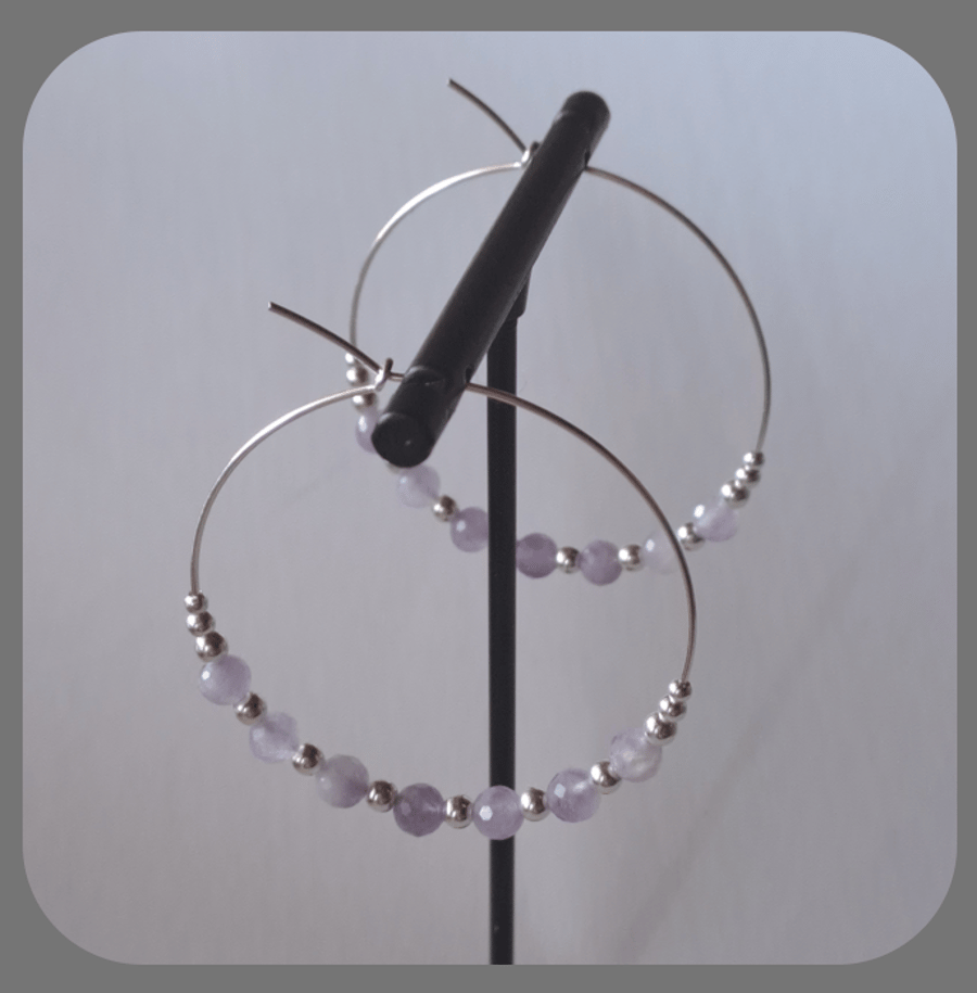 Large Amethyst and sterling silver hoop earrings