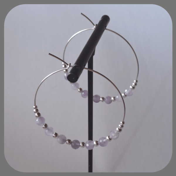 Large Amethyst and sterling silver hoop earrings