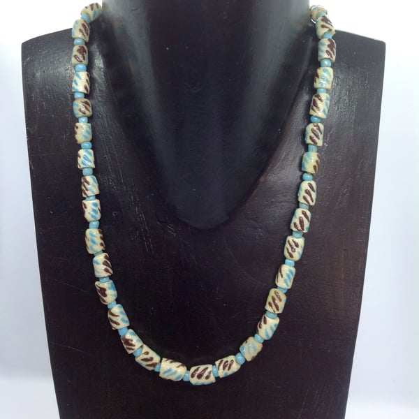 African recycled glass bead necklace in turquoise, off white and brown