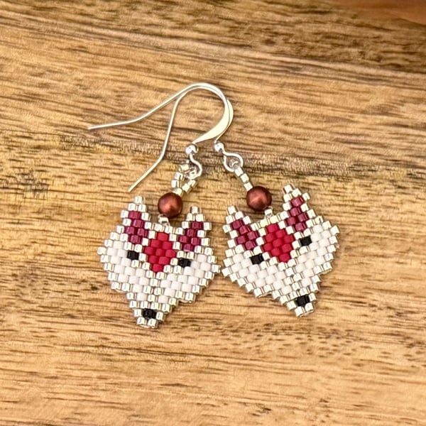 Geometric bead woven Red fox earrings