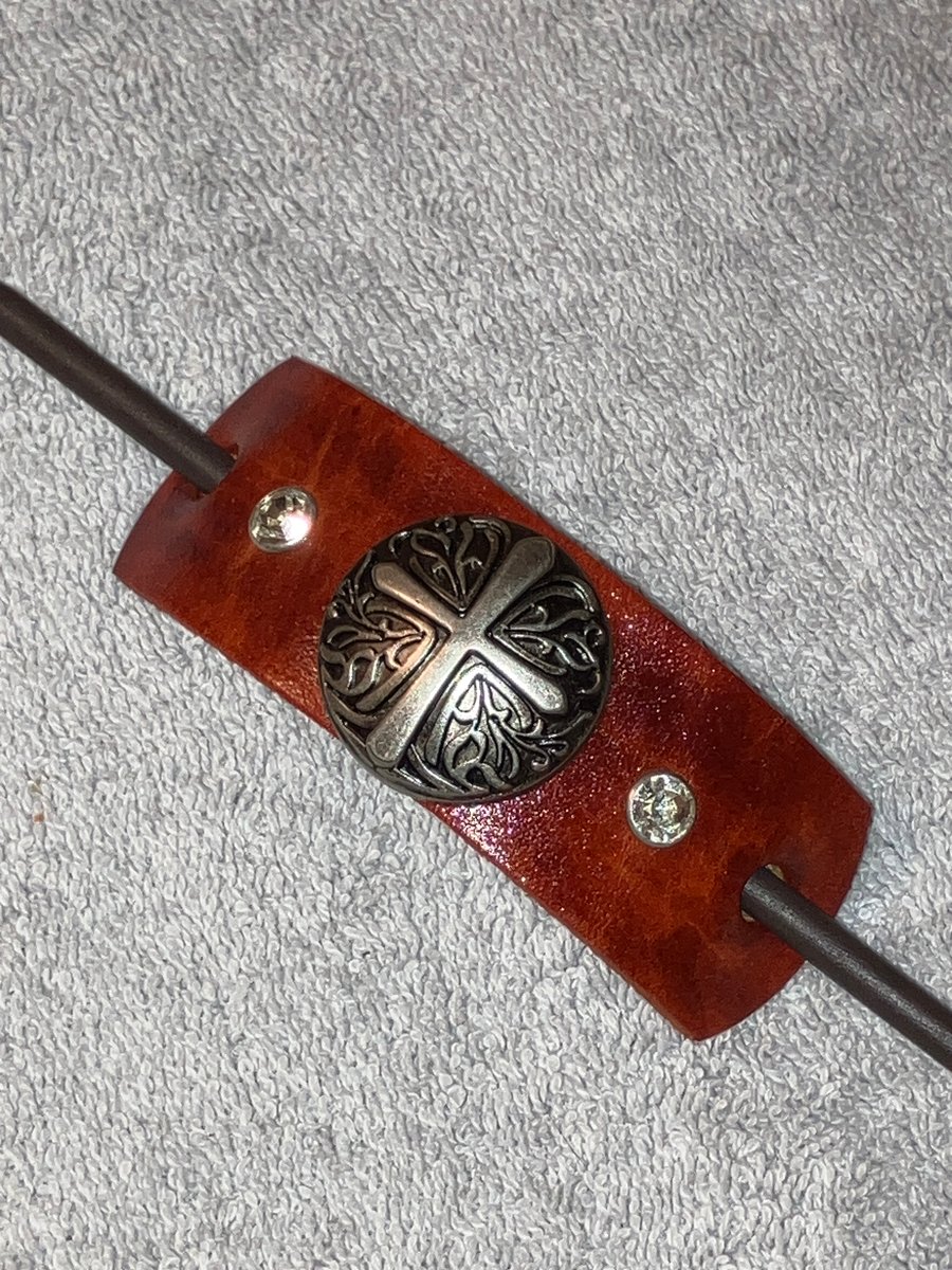 Brown Leather Hair Stick Barrette - Decorative Cross Center & 2 White Gemstones