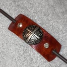 Brown Leather Hair Stick Barrette - Decorative Cross Center & 2 White Gemstones