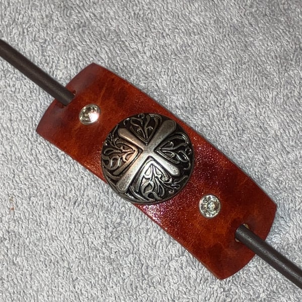 Brown Leather Hair Stick Barrette - Decorative Cross Center & 2 White Gemstones