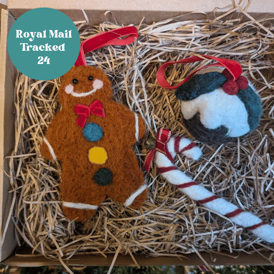 Needle Felt Tree Decorations (Gingerbread Man, Christmas Pudding and Candy Cane)