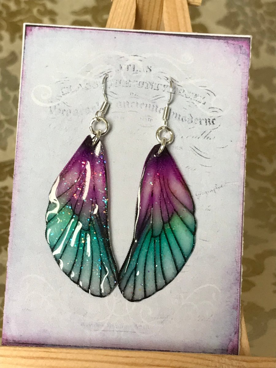 Purple and Green Fairy Wing Sterling Silver Earrings