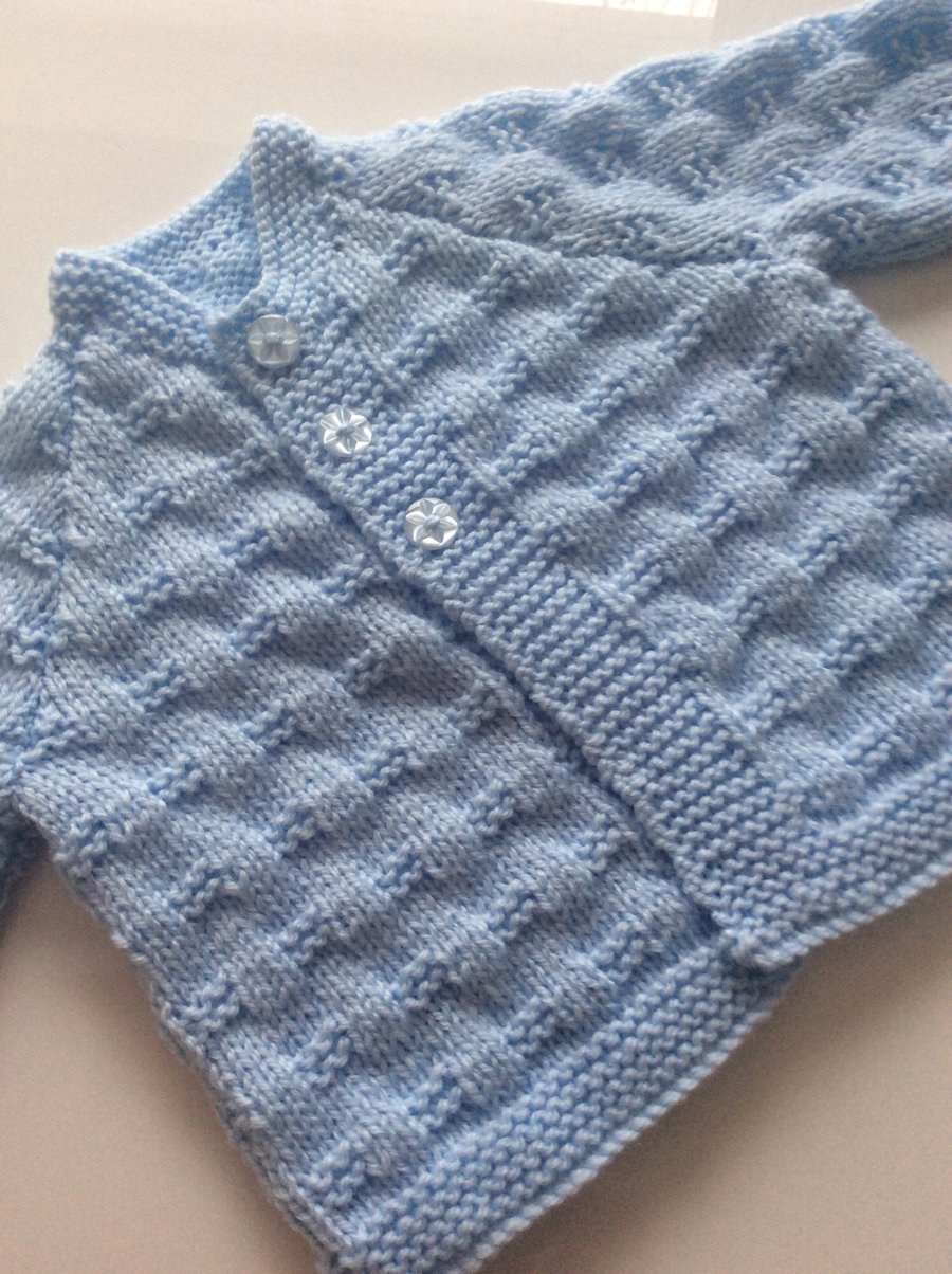 Baby cardigan blue hand knit 0-3 months 