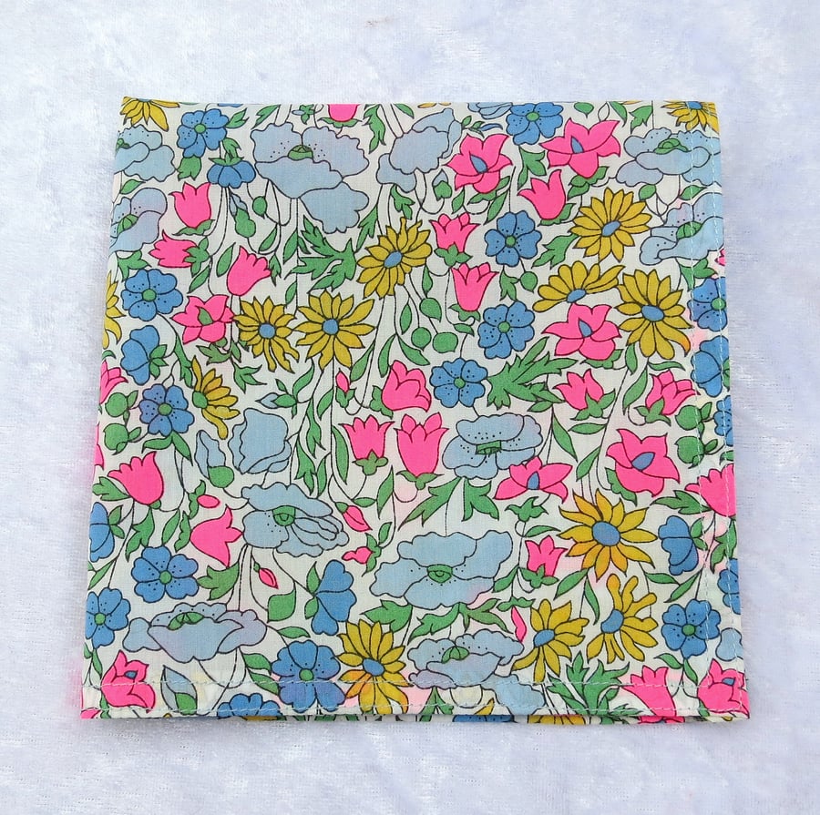 Liberty Tana Lawn handkerchief, ladies handkerchief, floral, neon pink accents