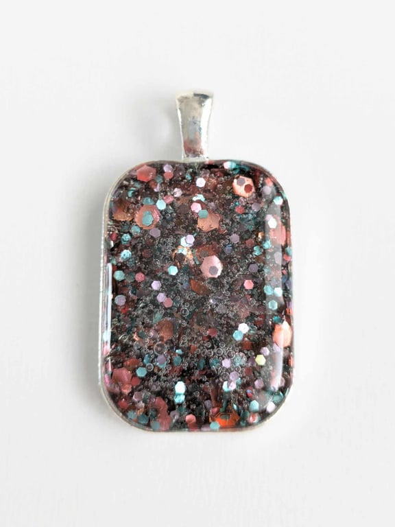 Rectangular Resin Pendant With Coral & Aqua Glitter